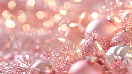 Soft Pink Holiday Magic: Design a magical holiday background with soft pink tones, featuring twinkling lights, shimmering ornaments, and a touch of holiday enchantment in a portrait format.
