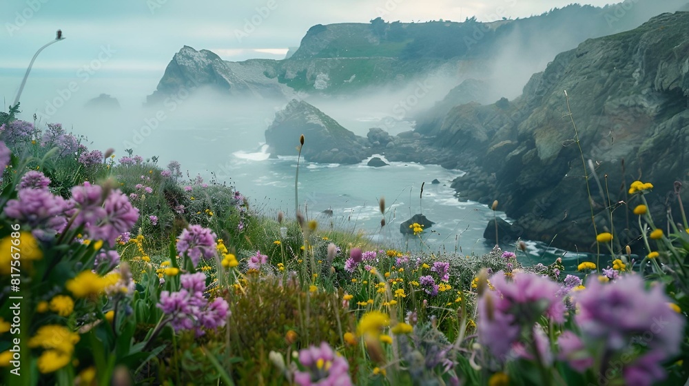 Wall mural flowers blooming in the foreground and misty water in the background