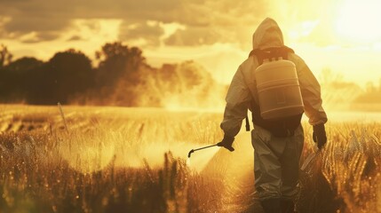 farmer in a protective suit carefully spraying pesticides on a field 