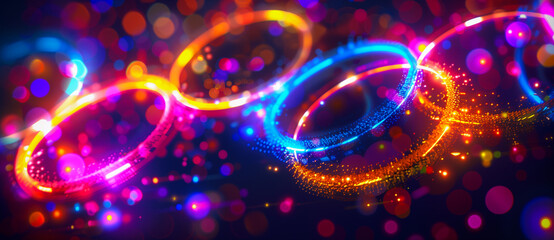 Glowing rings of neon purple, yellow, and pink in vibrant colours for international sports games. Abstract symbol background for a finish for a first place.