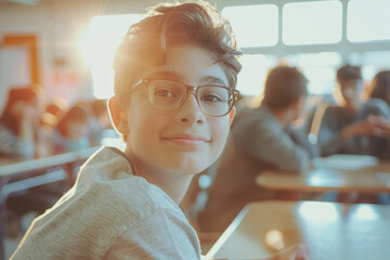 Portrait of a 14 year old teenage boy sitting in a classroom in early morning on back to school day
