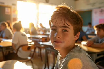 Portrait of a 14 year old teenage boy sitting in a classroom in early morning on back to school day
