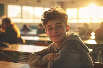 Portrait of a 14 year old teenage boy sitting in a classroom in early morning on back to school day