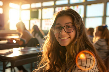 Portrait of a 14 year old teenage girl sitting in a classroom in early morning on back to school day