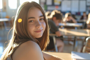 Portrait of a 14 year old teenage girl sitting in a classroom in early morning on back to school day