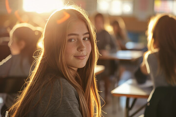 Portrait of a 14 year old teenage girl sitting in a classroom in early morning on back to school day