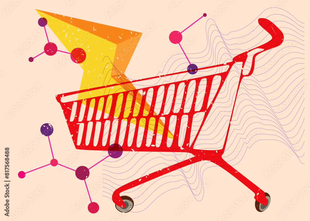 Poster risograph shopping cart with geometric shapes. objects in trendy riso graph print texture style desi