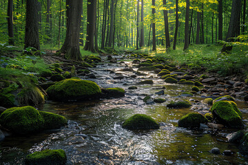 Tranquil stream flowing through a sunlit forest glade in early morning