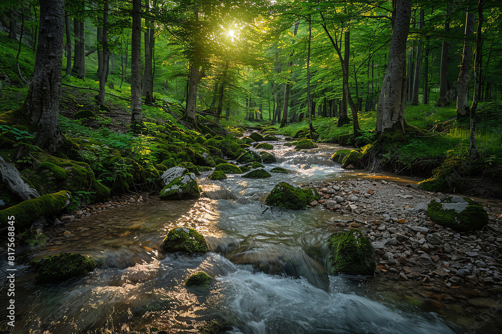 Poster sunlight filters through trees over a tranquil stream in a lush forest during the afternoon