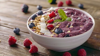  A bowl of vibrant acai berry smoothie topped with granola, coconut flakes, and fresh berries, offering a delicious and nutritious treat for any time of day. 
