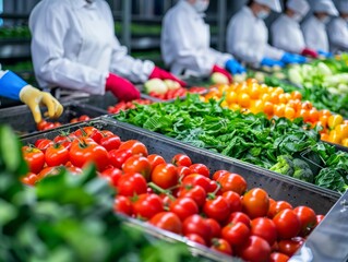 Obraz premium Workers in protective clothing sorting fresh vegetables on a production line in a food processing plant, handling tomatoes, peppers, and greens.