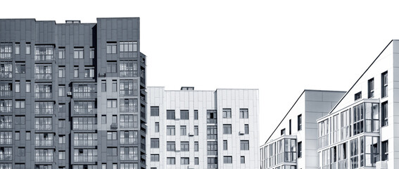 New urban apartment development, highrise residential building with outdoor view. Modern multistorey condominium complex, concrete architecture, property investment.