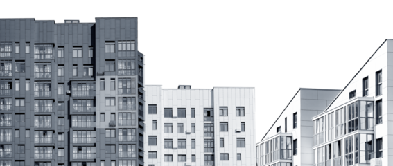 New urban apartment development, highrise residential building with outdoor view. Modern multistorey condominium complex, concrete architecture, property investment.