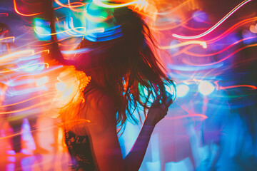 Friends dancing at a music festival, with colorful trails and blurred lights conveying euphoria and excitement