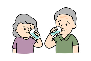 向かい合って水を飲む高齢者夫婦