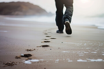 Person walking slowly on a deserted beach, with soft trails conveying a sense of calm and introspection