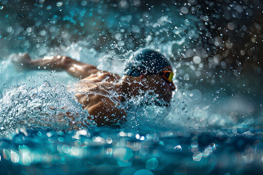 Swimmer slicing through water with smooth strokes, with aquatic trails suggesting grace and agility