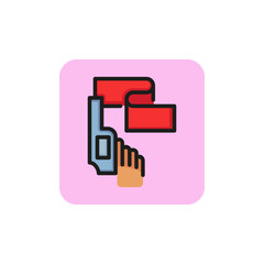 Line icon of hand holding starting pistol with flag. Startup, competition, race. Beginning concept. For topics like business, sport, challenge