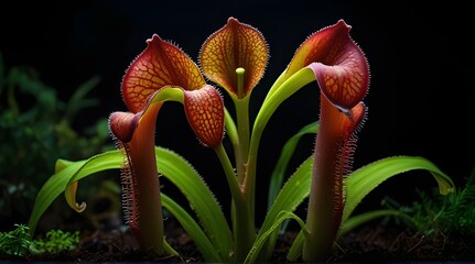 A carnivorous plant in fluorescent color on a black background creating a tropical and dynamic atmosphere. A unique atmosphere of an exotic jungle.generative.ai 