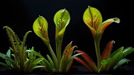 A carnivorous plant in fluorescent color on a black background creating a tropical and dynamic atmosphere. A unique atmosphere of an exotic jungle.generative.ai 