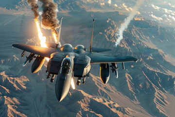 Fighter jets soaring through a combat zone, evoking the intensity and high stakes of warfare