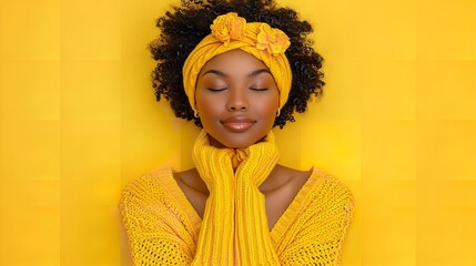 A woman wearing a yellow dress strikes a pose against a vibrant yellow background - Powered by Adobe