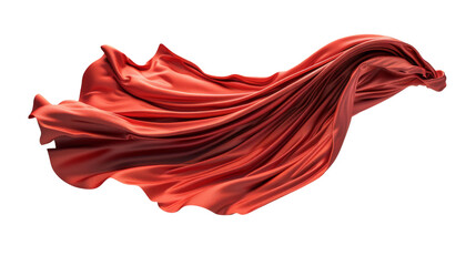 Graphic illustration of a red superhero cape flying in the wind. The drapery represents a halloween costume mantle or a textile curtain that can be used in the home. PNG