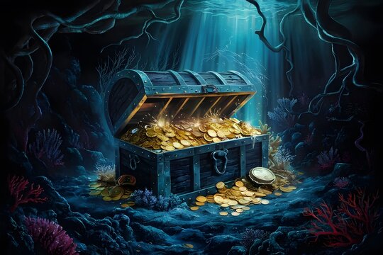 Open treasure chest sunken at the bottom of the sea