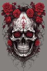 Darkness embraces an ancient demon skull, cursed yet honored, adorned with red roses of enigmatic beauty