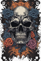 Fototapeta premium A cursed honor befalls the ancient demon skull, entwined with red roses in the shrouded embrace of darkness