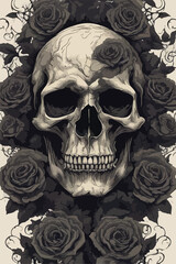 Fototapeta premium Within the abyss, an ancient demon skull, adorned with cursed honor, weaves a sinister tale amid blood-red roses