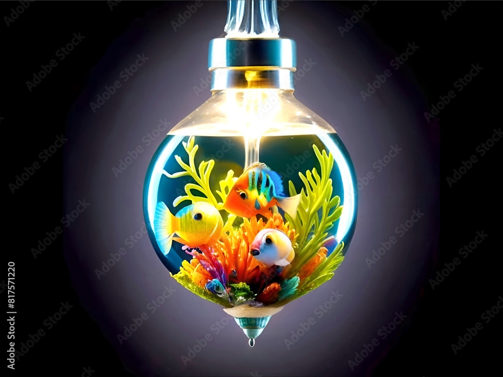 Wall mural A miniature aquarium contained within a clear glass light bulb. The aquarium including colorful fish and coral (2)