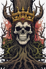 In the heart of shadowed woods, a cursed grave cradles the enigmatic skull of an ancient king, adorned with a mystical crown