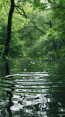 Naklejka premium Calm water ripples reflect greenery in a peaceful forest during a gentle rain