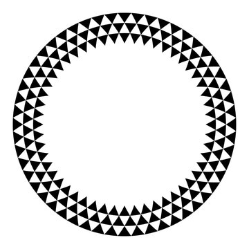 Triangle pattern circle frame. Three rows of black triangles, creating a round border, with serrated and triangle checkered pattern. Isolated black and white illustration on white background. Vector