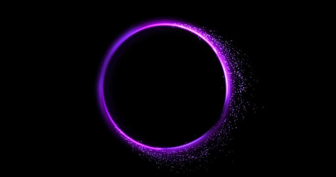 Abstract random flow animation of colorful particles through neon portal. Vibrant hues of purple create a dynamic scene, where circle of light bloom and splash in smooth and continuous motion