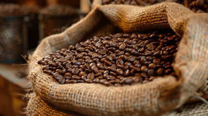 brown coffee beans in sack in cafe 