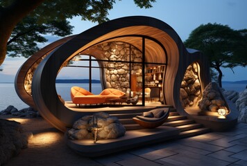 Tranquil Lakeside Wooden House with Snail-like Shape