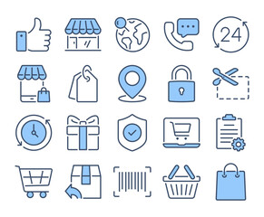 Online shopping and e-commerce blue editable stroke outline icons set isolated on white background flat vector illustration. Pixel perfect. 64 x 64