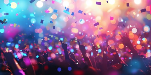 Colorful confetti falling over a crowd at a party