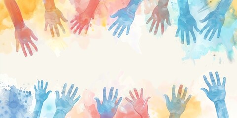 Fototapeta premium Colorful watercolor hands reaching up on a white background.