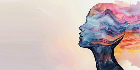 Colorful watercolor painting of a woman's face with a flowing, abstract, colorful background.