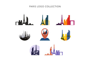 Paris city vector logo set. France capital modern skyline icons collection with cityscape and landmarks silhouette, isolated graphic concept