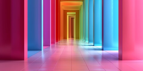 Rainbow hallway. Multicolored columns in the form of a tunnel.