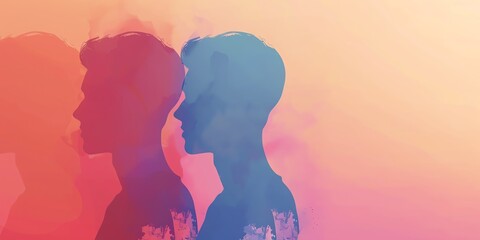 The image is of two people, one with a red head and one with a blue head. The background is yellow. The image is soft and ethereal.