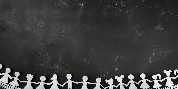 The image shows paper dolls of children holding hands on a chalkboard background.