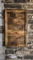A rustic wooden frame, with intricate grain details, hanging against an aged brick wall, blending...