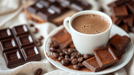 Fototapeta premium a cup of coffee surrounded by chocolate and coffee beans 