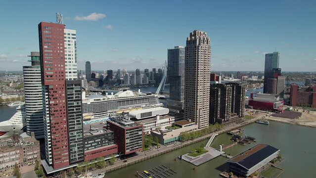 Erasmus Bridge Through Rotterdam City Skyline In The Netherlands. aerial orbiting shot