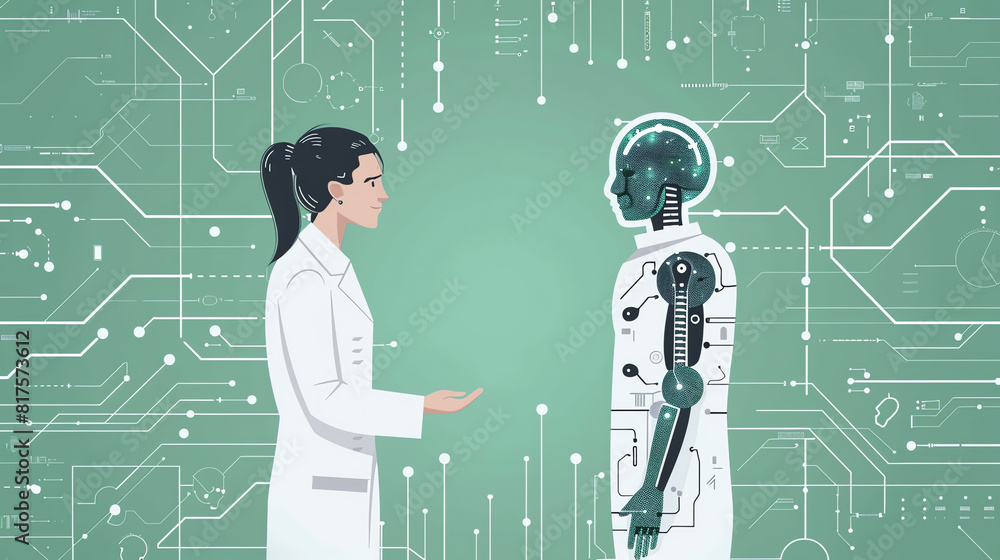 Aufkleber scientist interacts with humanoid robot in a futuristic lab setting